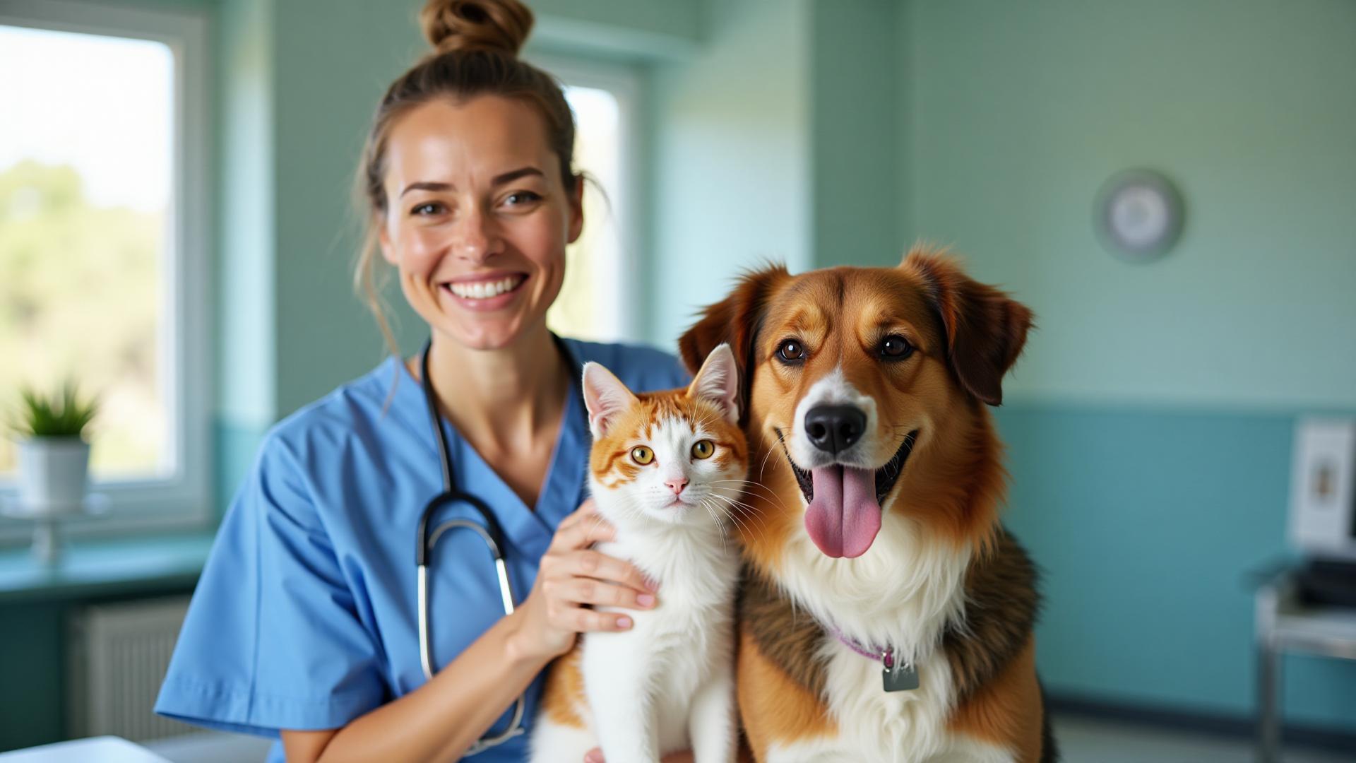 Veterinaria profesional con perro y gato